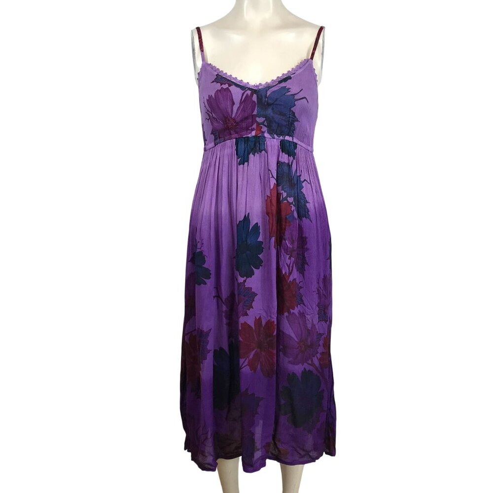 MKY - WOMEN'S SMALL - PURPLE SPAGHETTI STRAP V NECK RAYON FLORAL MIDI DRESS